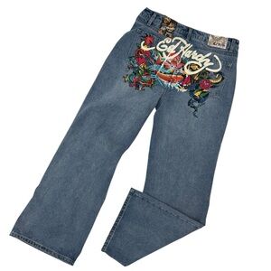 Ed Hardy Women’s Size 34 Baggy fit Multi tattoo Painted Denim Jeans NWT